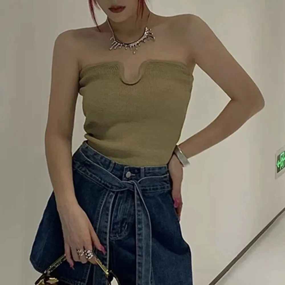 Knitting Tank Tops For Women Strapless Sleeveless Solid Minimalist Fashion Vests Female Summer Clothing Clothes