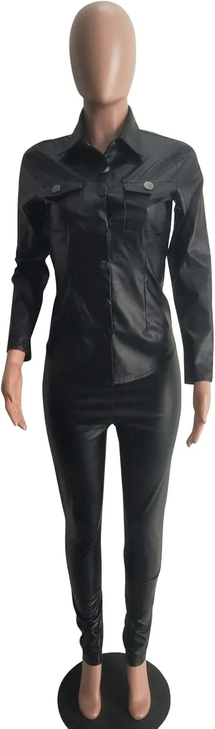 ksotutm Women 2 Piece Outfits Button Pocket Lapel Jacket Top And High Waist Leather Pencil Pants Set