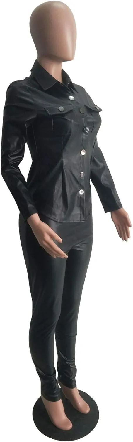 ksotutm Women 2 Piece Outfits Button Pocket Lapel Jacket Top And High Waist Leather Pencil Pants Set