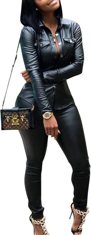 ksotutm Women 2 Piece Outfits Button Pocket Lapel Jacket Top And High Waist Leather Pencil Pants Set