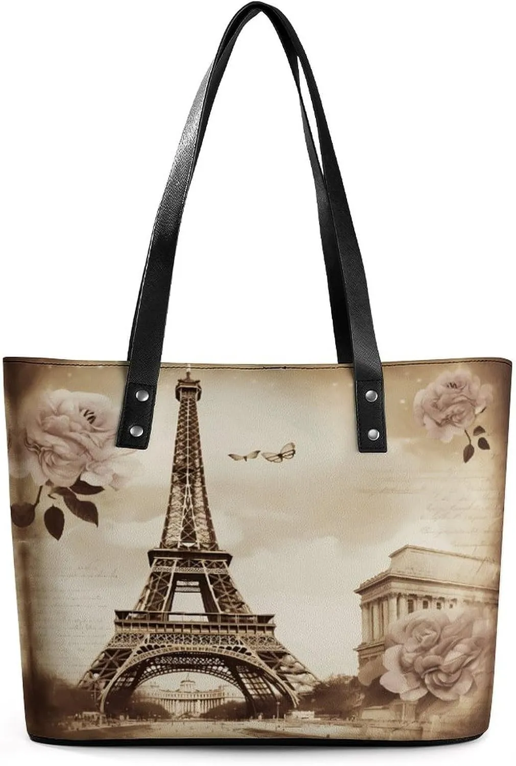 Leather Women Handbags Soft Vintage Paris Eiffel Tower Butterfly Tote Bags Top Handle Satchel Fashion Ladies Shoulder Tote Purse Large Travel Bag