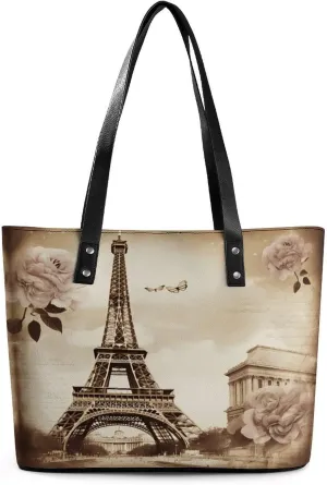 Leather Women Handbags Soft Vintage Paris Eiffel Tower Butterfly Tote Bags Top Handle Satchel Fashion Ladies Shoulder Tote Purse Large Travel Bag