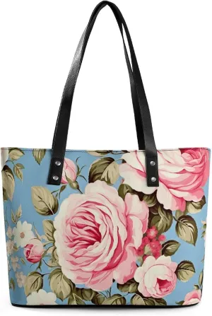 Leather Women Handbags Soft Vintage Rose Blue Tote Bags Top Handle Satchel Fashion Ladies Shoulder Tote Purse Large Travel Bag