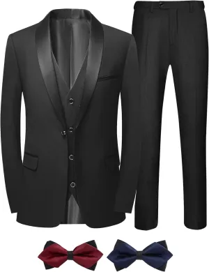 Men Suits Slim Fit 3 Pieces Sets Tuxedo Blazer Vest Pants Shawl Lapel Bow Ties for Prom Party Wedding Business Dinner