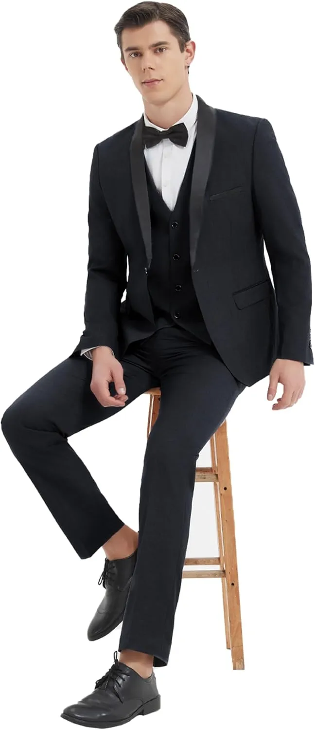 Men Suits Slim Fit 3 Pieces Sets Tuxedo Blazer Vest Pants Shawl Lapel Bow Ties for Prom Party Wedding Business Dinner