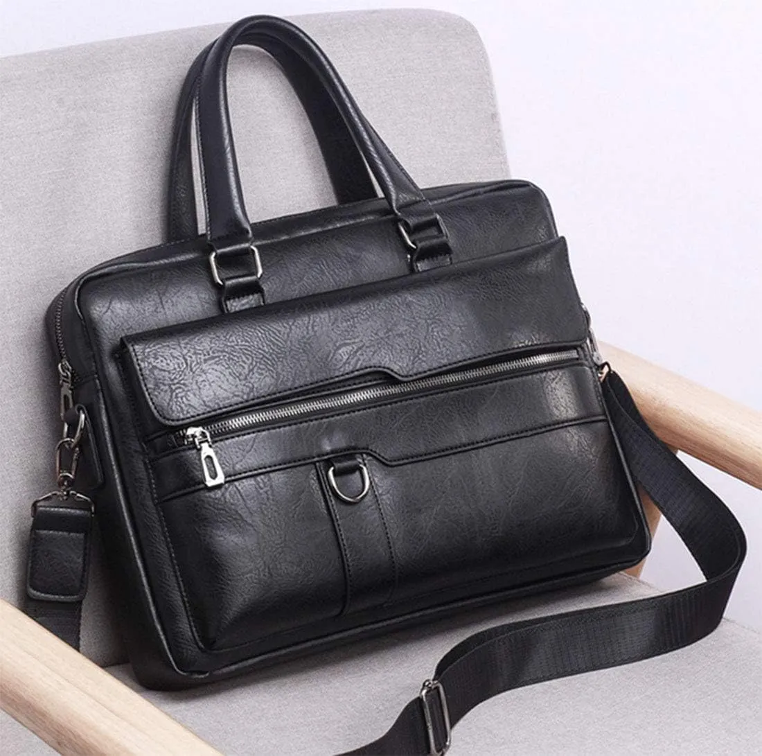 Men's Leather Briefcase Business Laptop Bag Waterproof Travel Satchel Bag Messenger Bag for Men (Black)