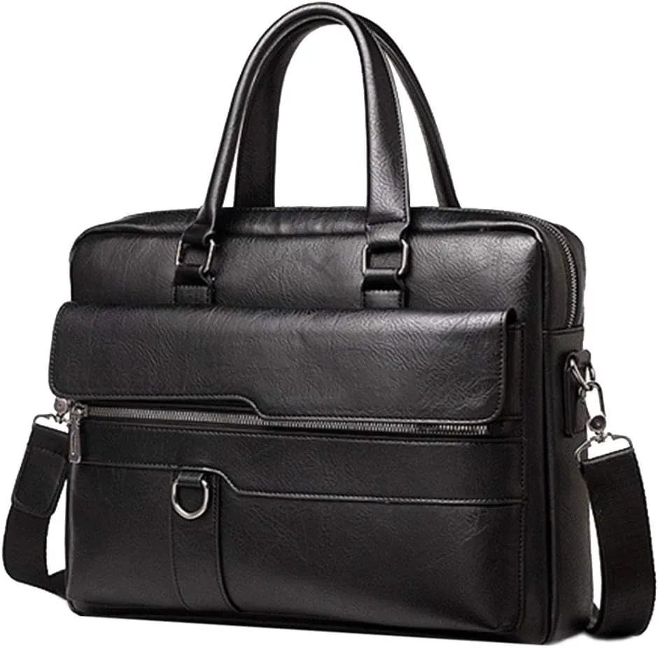 Men's Leather Briefcase Business Laptop Bag Waterproof Travel Satchel Bag Messenger Bag for Men (Black)