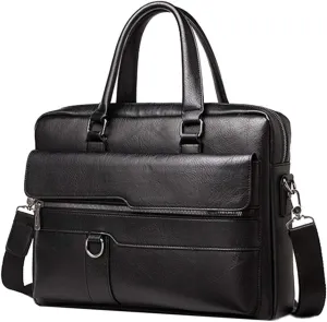 Men's Leather Briefcase Business Laptop Bag Waterproof Travel Satchel Bag Messenger Bag for Men (Black)