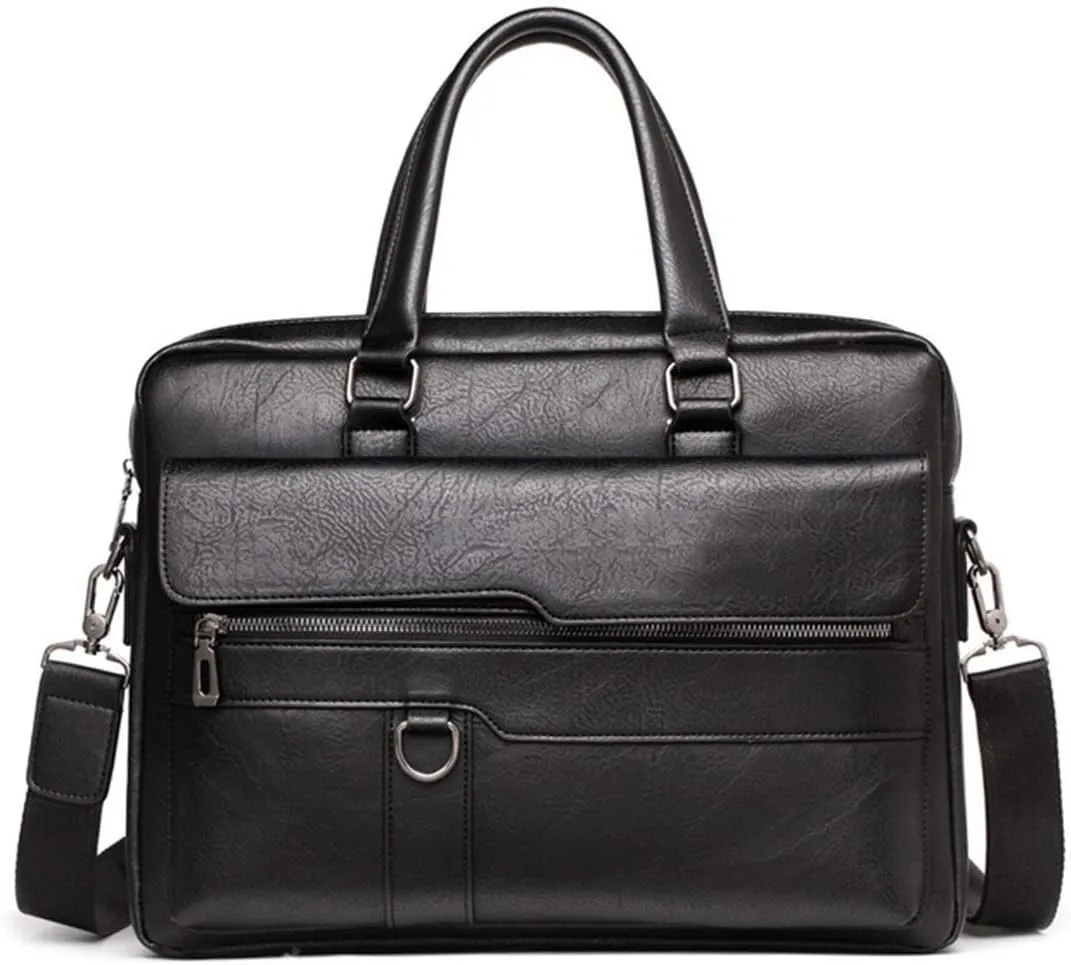 Men's Leather Briefcase Business Laptop Bag Waterproof Travel Satchel Bag Messenger Bag for Men (Black)