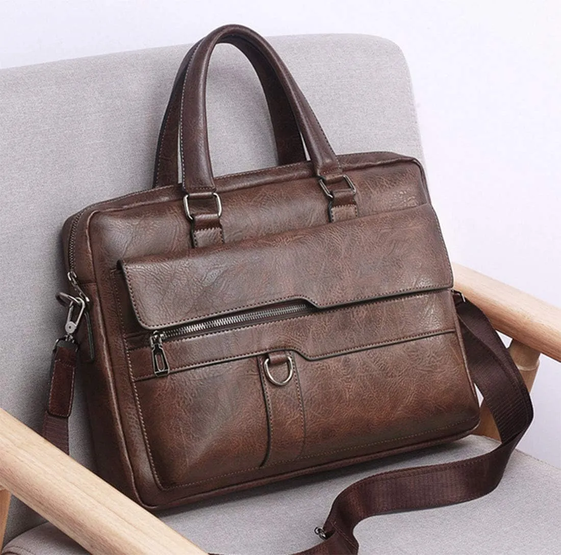 Men's Leather Briefcase Business Laptop Bag Waterproof Travel Satchel Bag Messenger Bag for Men (Dark Brown)