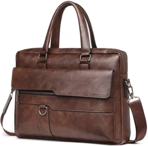 Men's Leather Briefcase Business Laptop Bag Waterproof Travel Satchel Bag Messenger Bag for Men (Dark Brown)