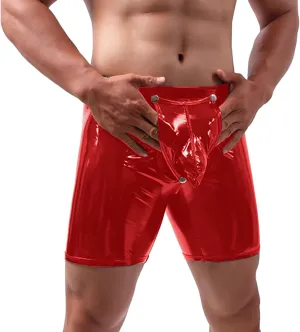 Men's Shiny Metallic Boxer Briefs Sexy Faux Leather Shorts Pants Erotic Button Removable Pouch Club Dance Wear