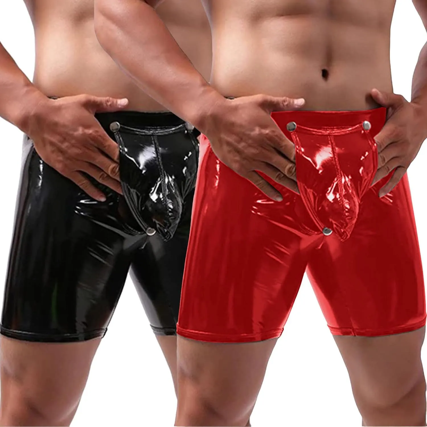 Men's Shiny Metallic Boxer Briefs Sexy Faux Leather Shorts Pants Erotic Button Removable Pouch Club Dance Wear