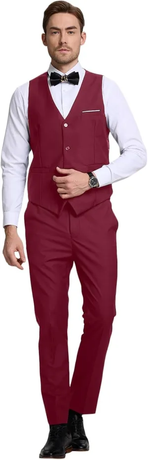 Mens Suits 2 Piece Slim Fit Suit Set V-Neck Solid Vest Pants Wedding Prom Tuxedo Set