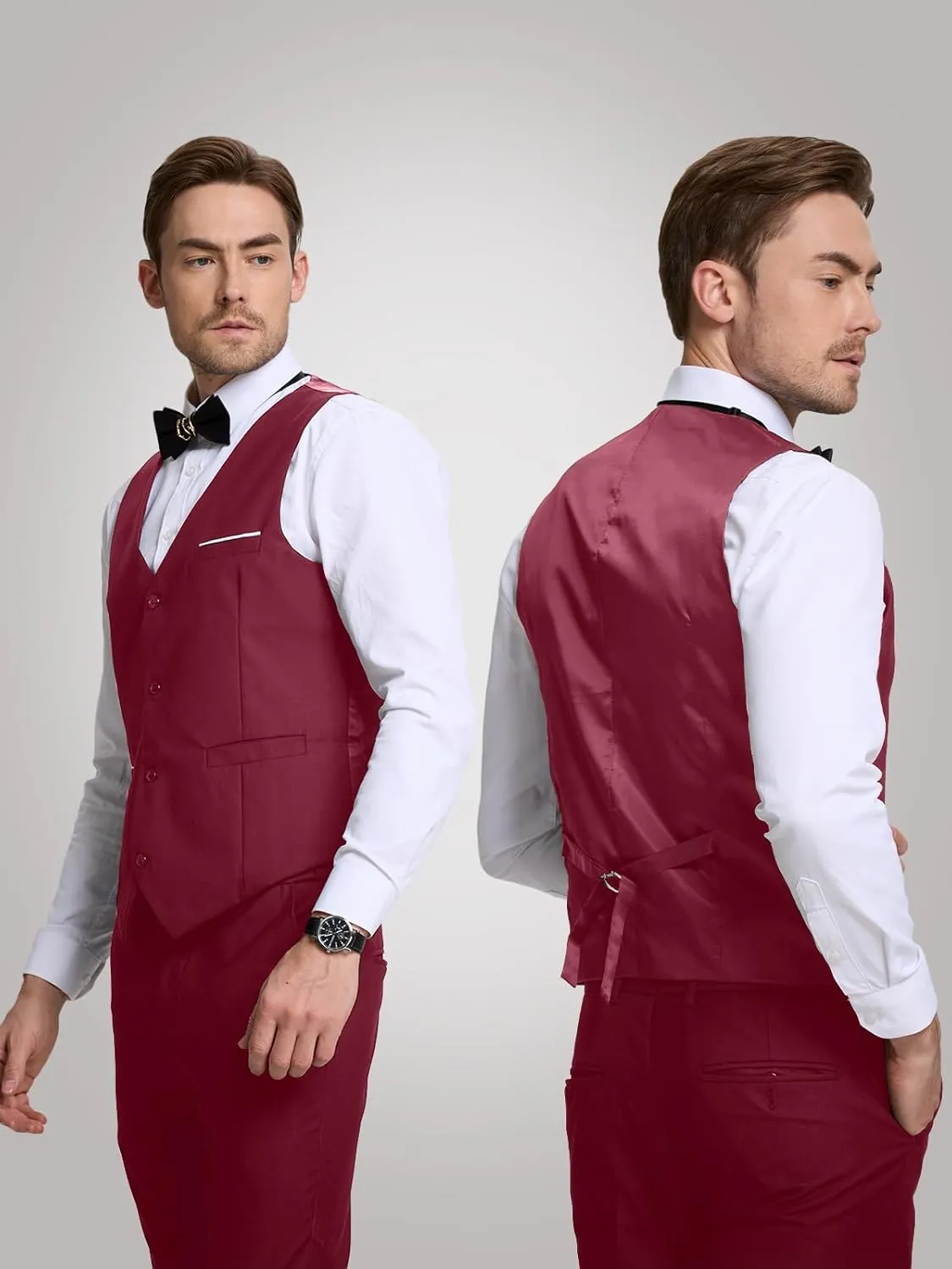 Mens Suits 2 Piece Slim Fit Suit Set V-Neck Solid Vest Pants Wedding Prom Tuxedo Set