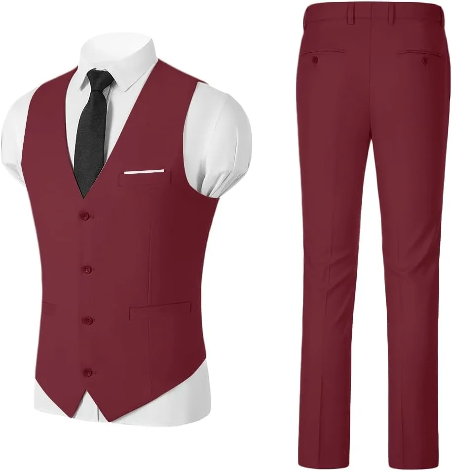 Mens Suits 2 Piece Slim Fit Suit Set V-Neck Solid Vest Pants Wedding Prom Tuxedo Set