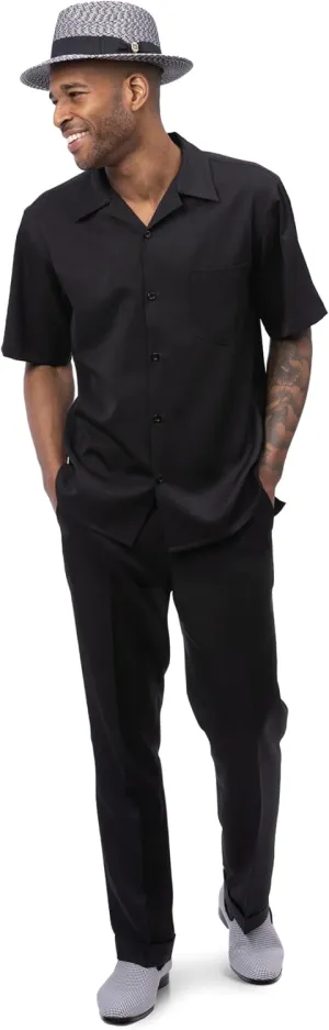 MONTIQUE Walking Suit For Men 2 Piece Set - Short Sleeve Shirt and Long Pants, Solid Colors - 696