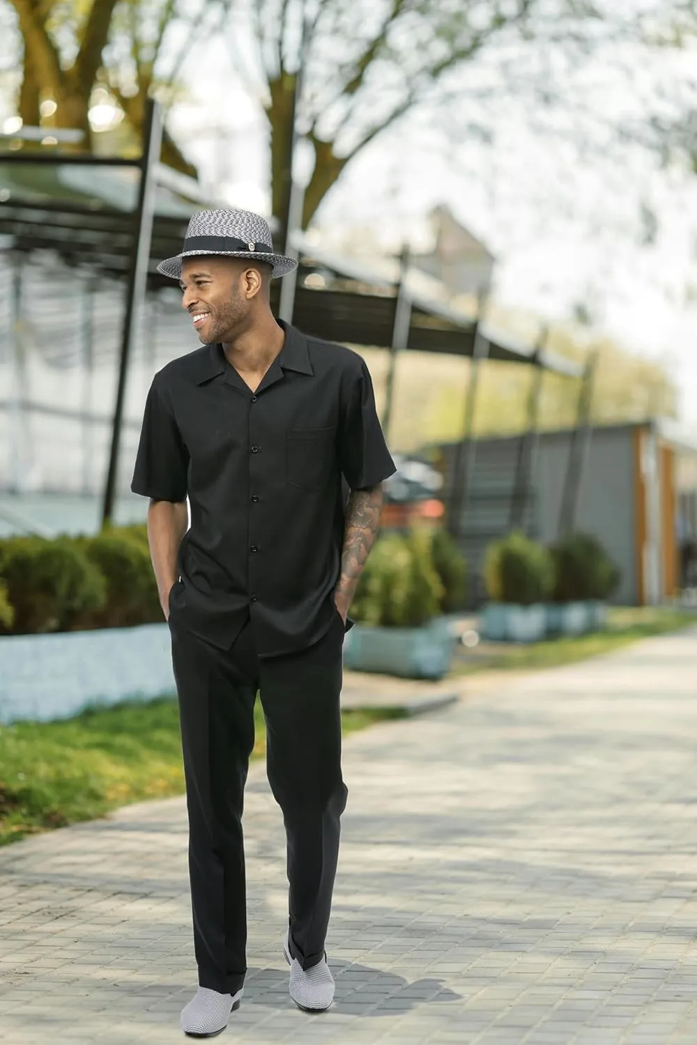 MONTIQUE Walking Suit For Men 2 Piece Set - Short Sleeve Shirt and Long Pants, Solid Colors - 696