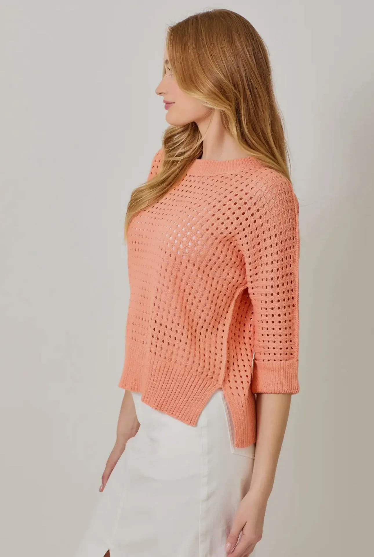 Mystree 3/4 Sleeve Open Stitch Hi-Low Sweater