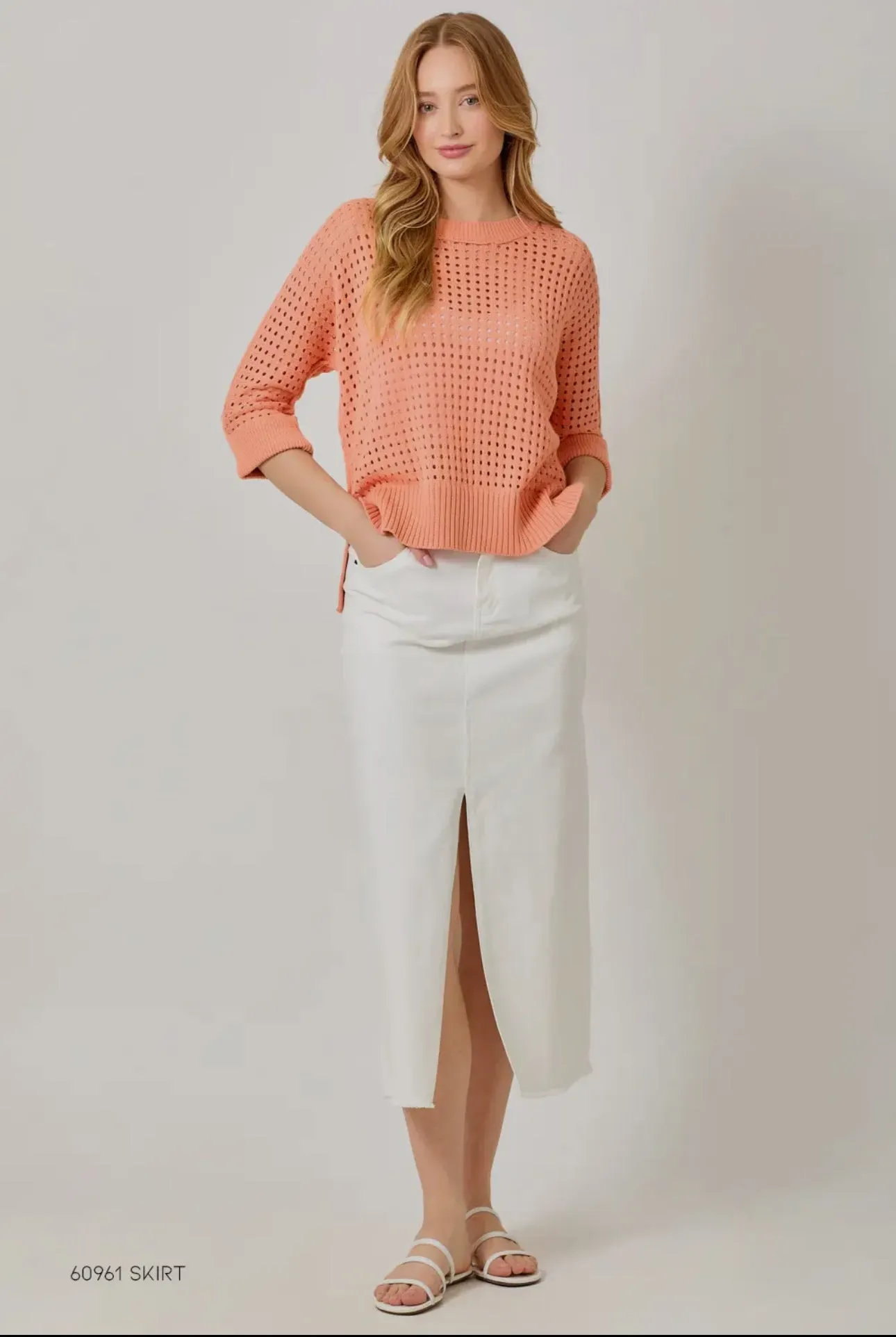 Mystree 3/4 Sleeve Open Stitch Hi-Low Sweater