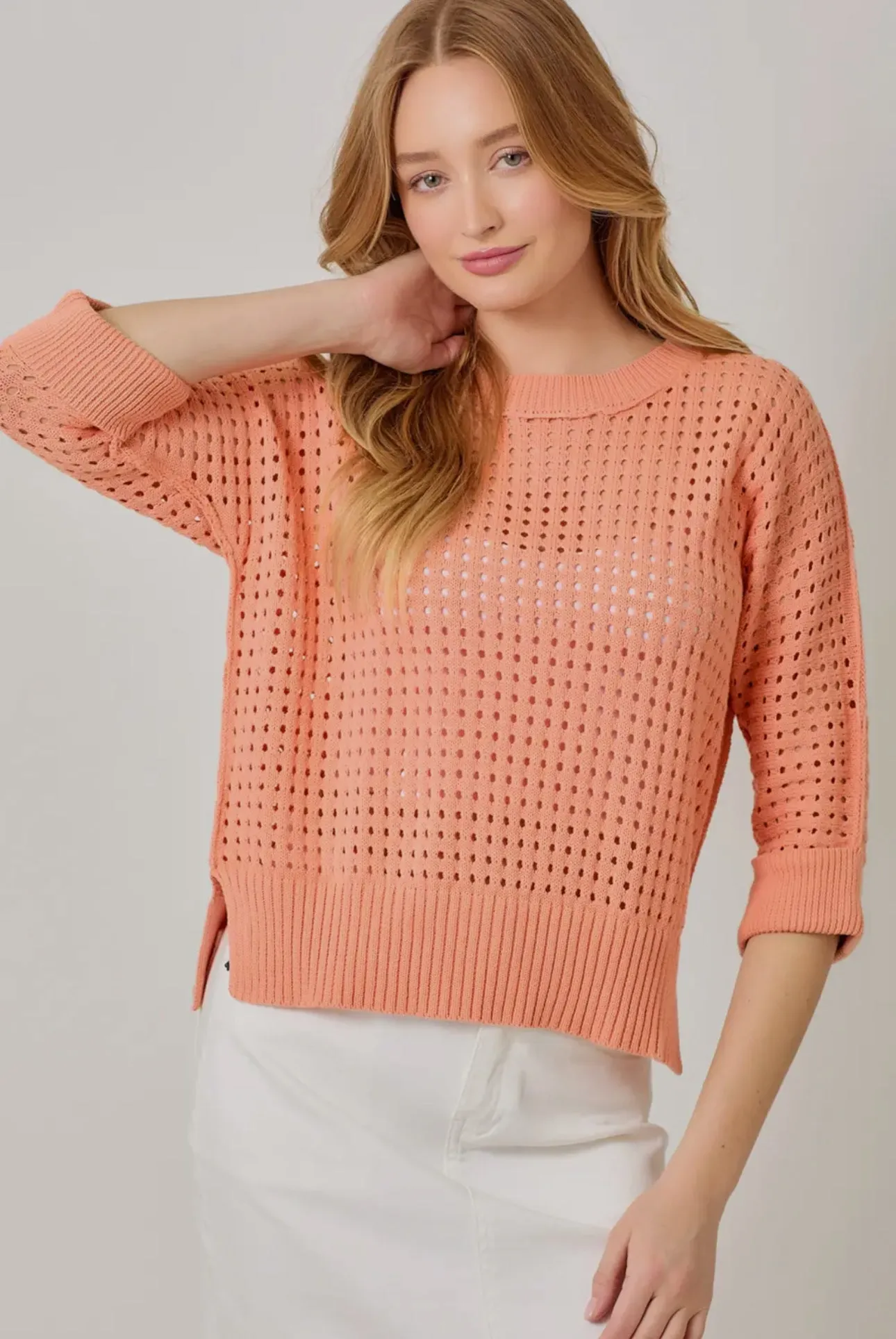 Mystree 3/4 Sleeve Open Stitch Hi-Low Sweater
