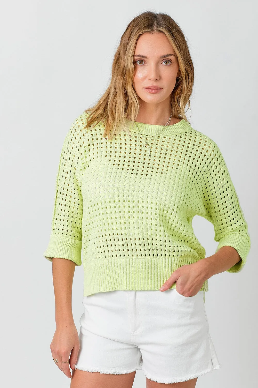 Mystree 3/4 Sleeve Open Stitch Hi-Low Sweater