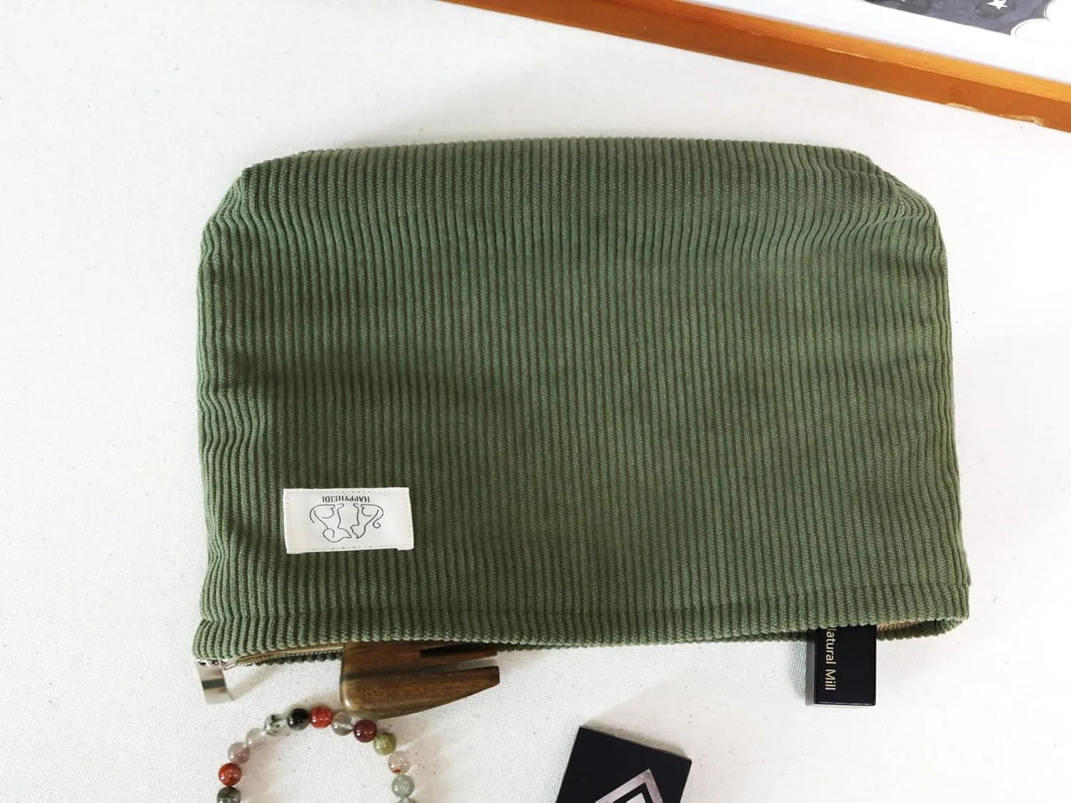 Navy Green Corduroy Makeup Bag Cosmetic Toiletry Travel Pouch, Make Up Accessory Purse Organizer, Canvas Lined