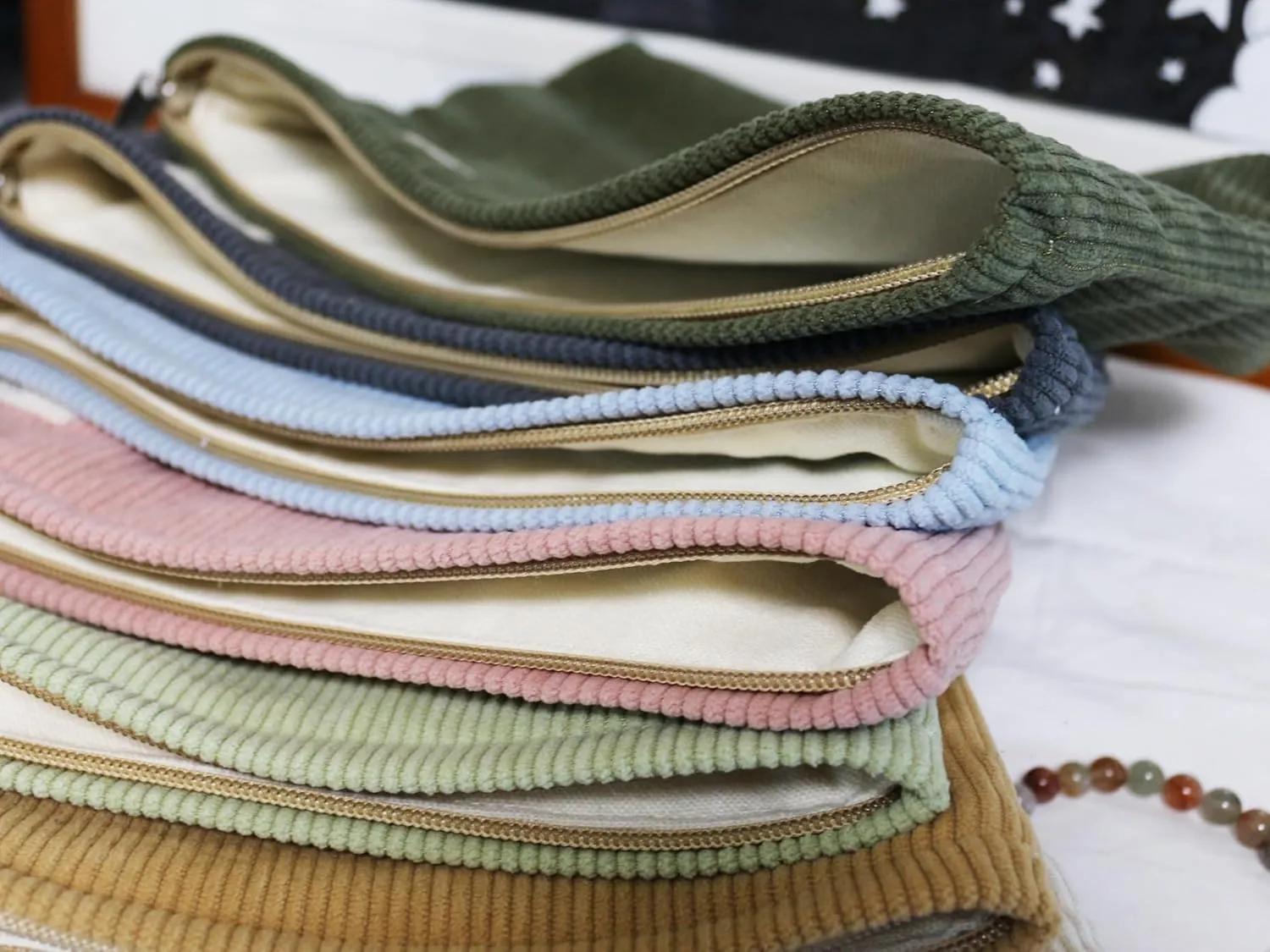Navy Green Corduroy Makeup Bag Cosmetic Toiletry Travel Pouch, Make Up Accessory Purse Organizer, Canvas Lined