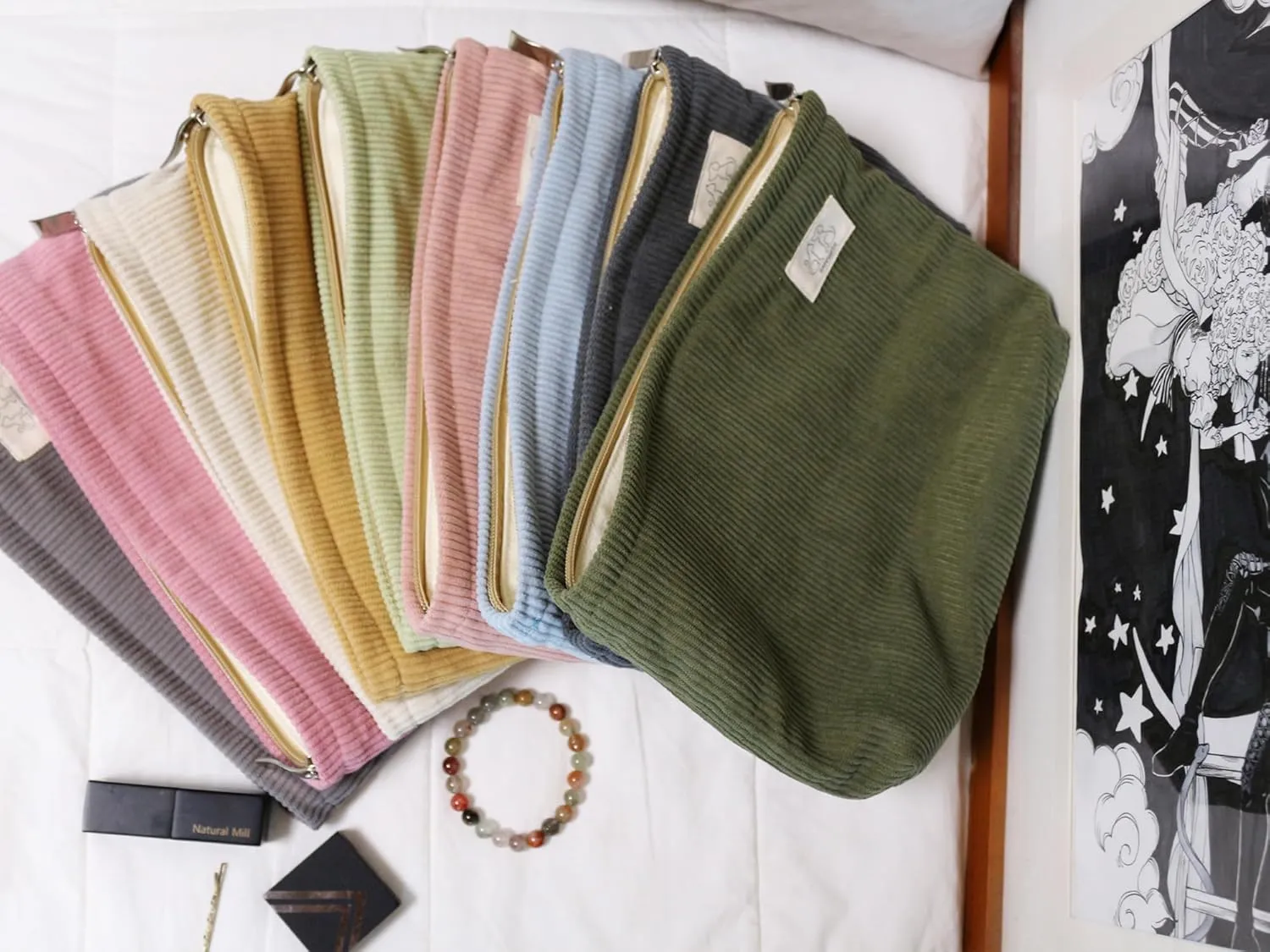 Navy Green Corduroy Makeup Bag Cosmetic Toiletry Travel Pouch, Make Up Accessory Purse Organizer, Canvas Lined