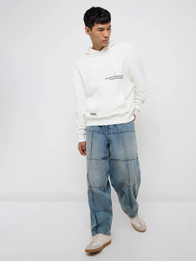 Nuon White Text Embossed Relaxed-Fit Cotton Hoodie