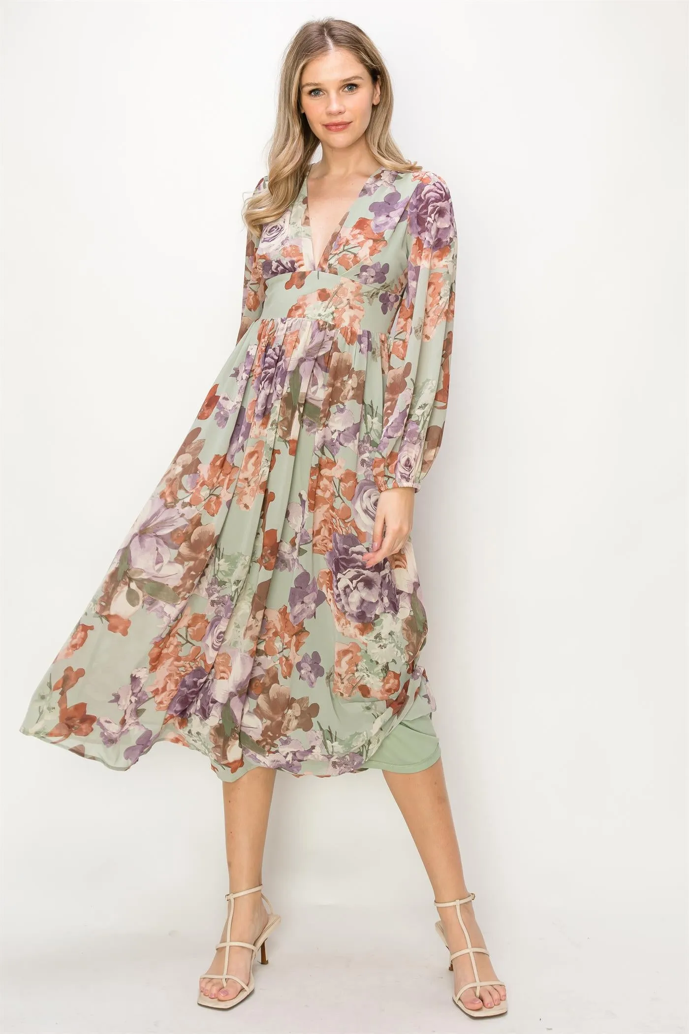 OL24A090-CHIFFON LONG SLEEVE V-NECK MIDI DRESS