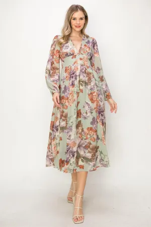 OL24A090-CHIFFON LONG SLEEVE V-NECK MIDI DRESS