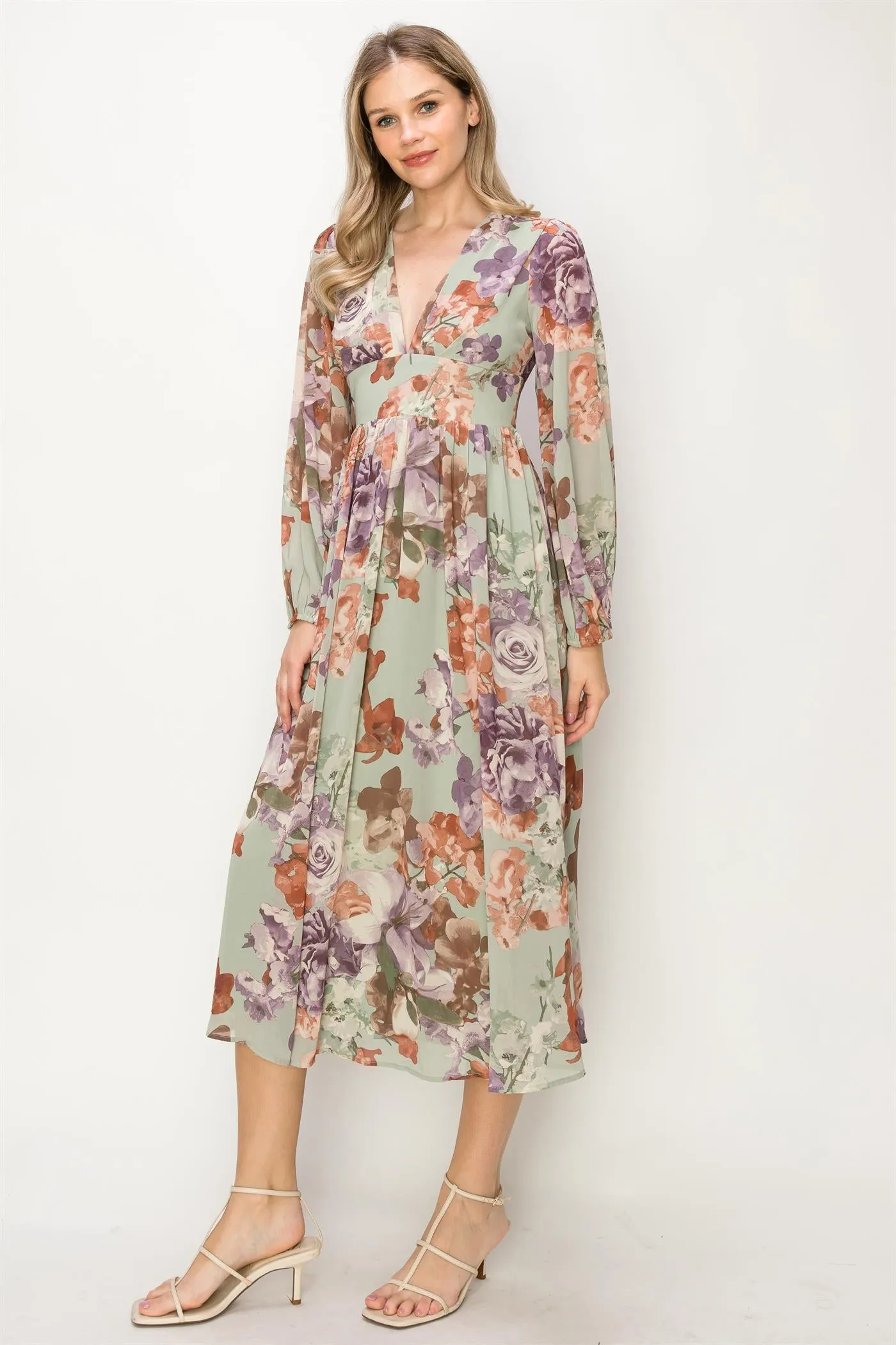 OL24A090-CHIFFON LONG SLEEVE V-NECK MIDI DRESS
