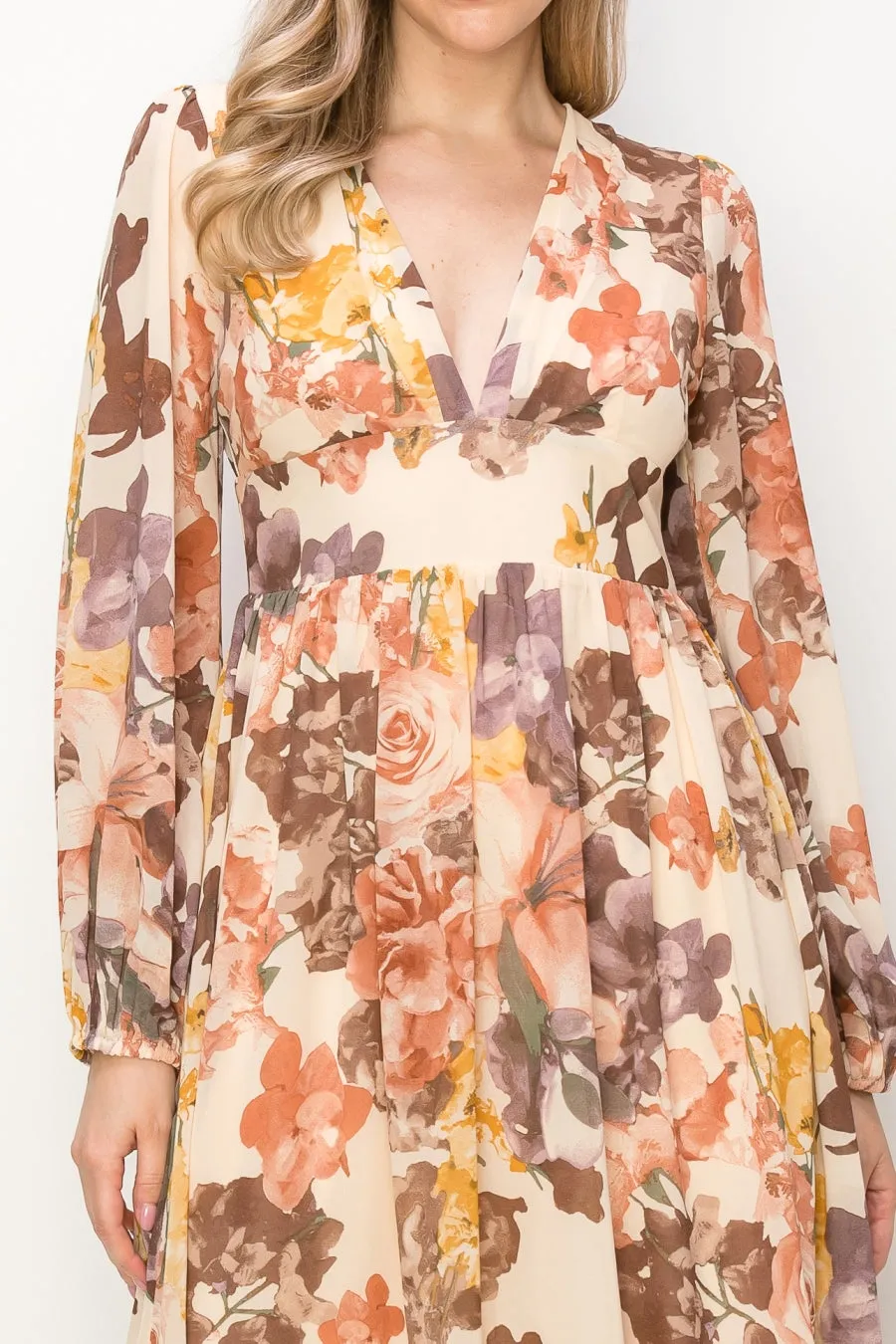 OL24A090-CHIFFON LONG SLEEVE V-NECK MIDI DRESS