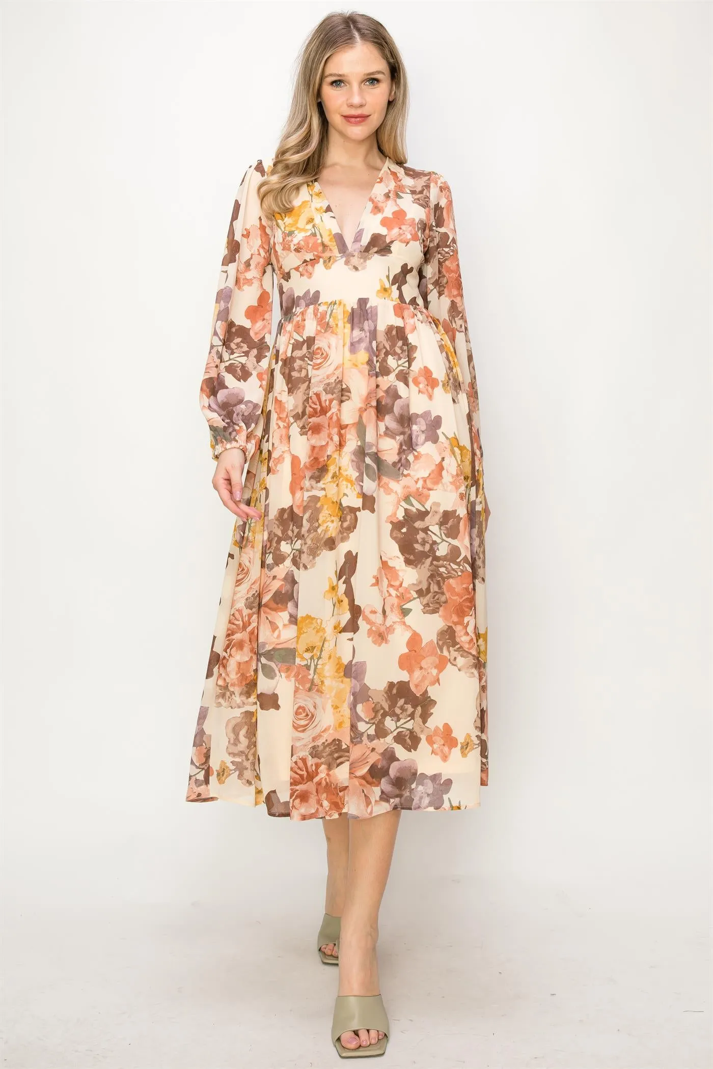 OL24A090-CHIFFON LONG SLEEVE V-NECK MIDI DRESS