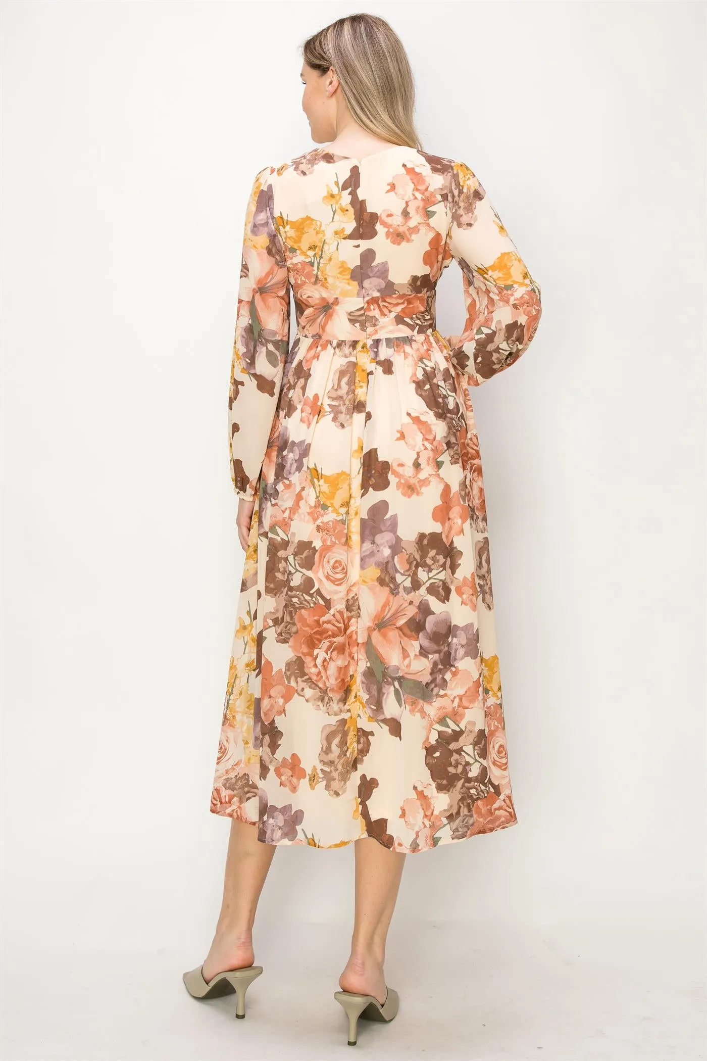 OL24A090-CHIFFON LONG SLEEVE V-NECK MIDI DRESS