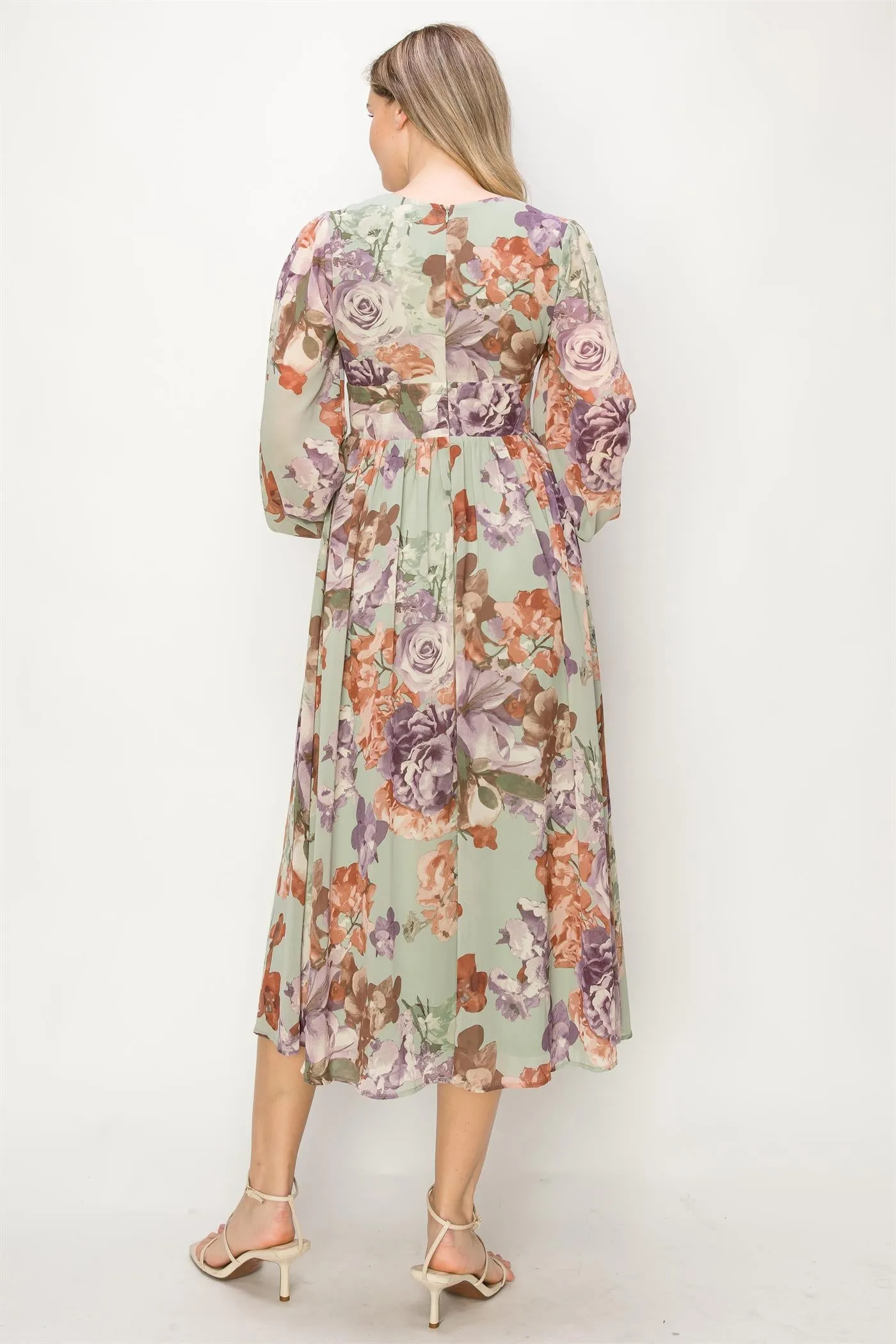 OL24A090-CHIFFON LONG SLEEVE V-NECK MIDI DRESS