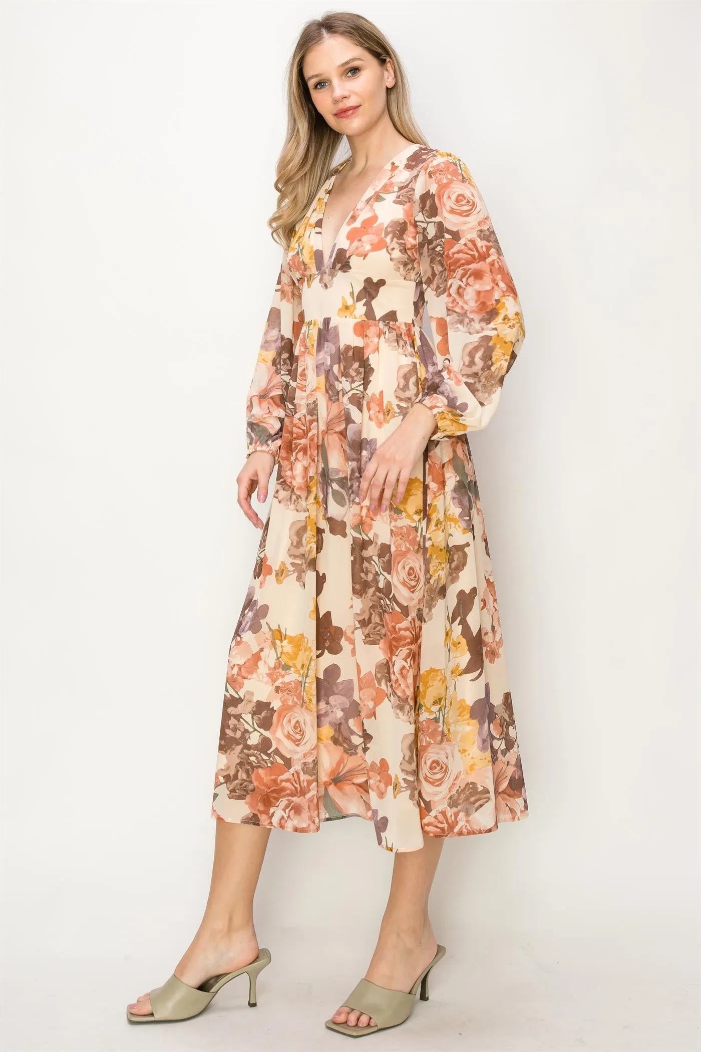 OL24A090-CHIFFON LONG SLEEVE V-NECK MIDI DRESS