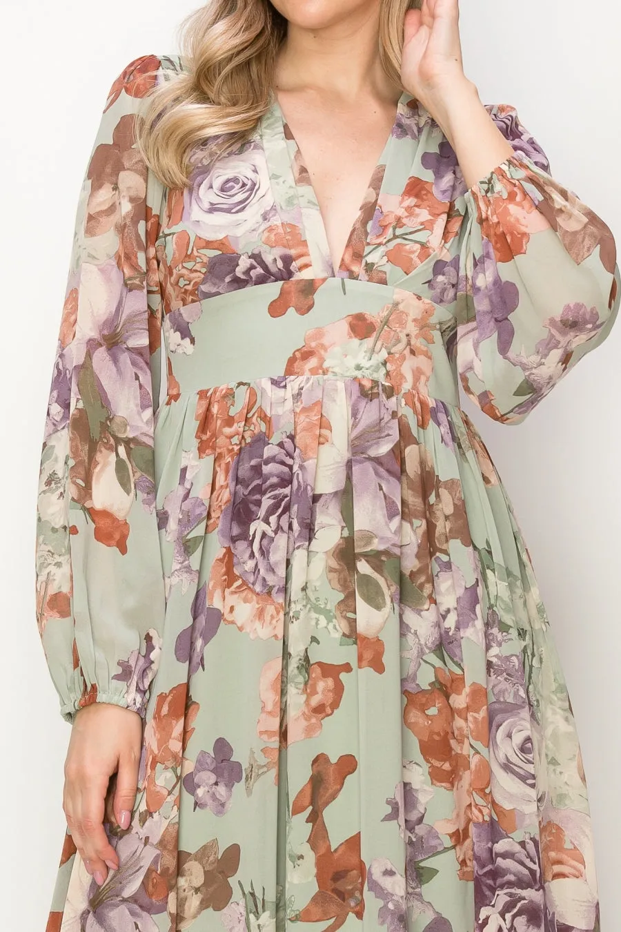 OL24A090-CHIFFON LONG SLEEVE V-NECK MIDI DRESS