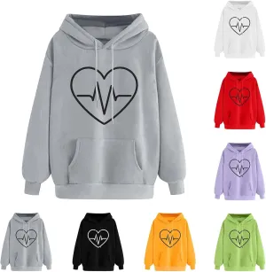 Oversized Hoodies For Women Casual Heart Print Long Sleeve Pullover Sweatshirts Loose Fit Tops With Pockets