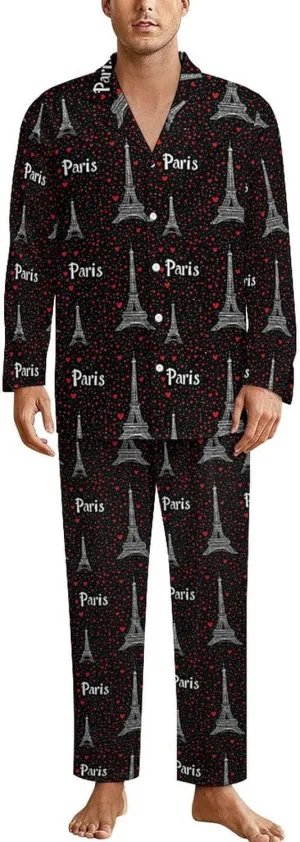 Paris Eiffel Tower Mens Pajamas Set Long Sleeve Loungewear Sleepwear Button-Down Pj Set Top And Pants