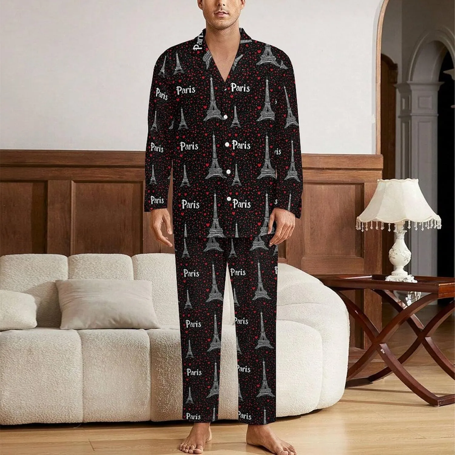 Paris Eiffel Tower Mens Pajamas Set Long Sleeve Loungewear Sleepwear Button-Down Pj Set Top And Pants