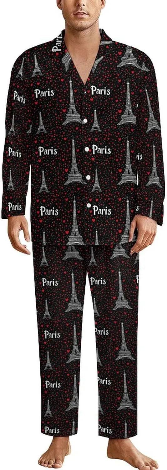 Paris Eiffel Tower Mens Pajamas Set Long Sleeve Loungewear Sleepwear Button-Down Pj Set Top And Pants