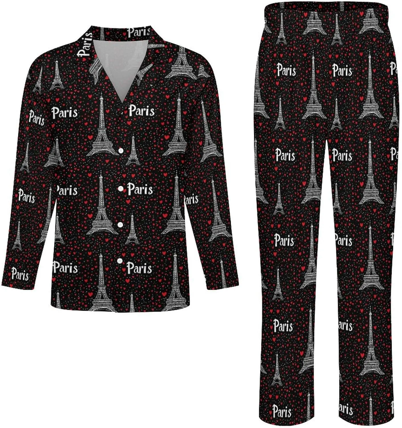 Paris Eiffel Tower Mens Pajamas Set Long Sleeve Loungewear Sleepwear Button-Down Pj Set Top And Pants