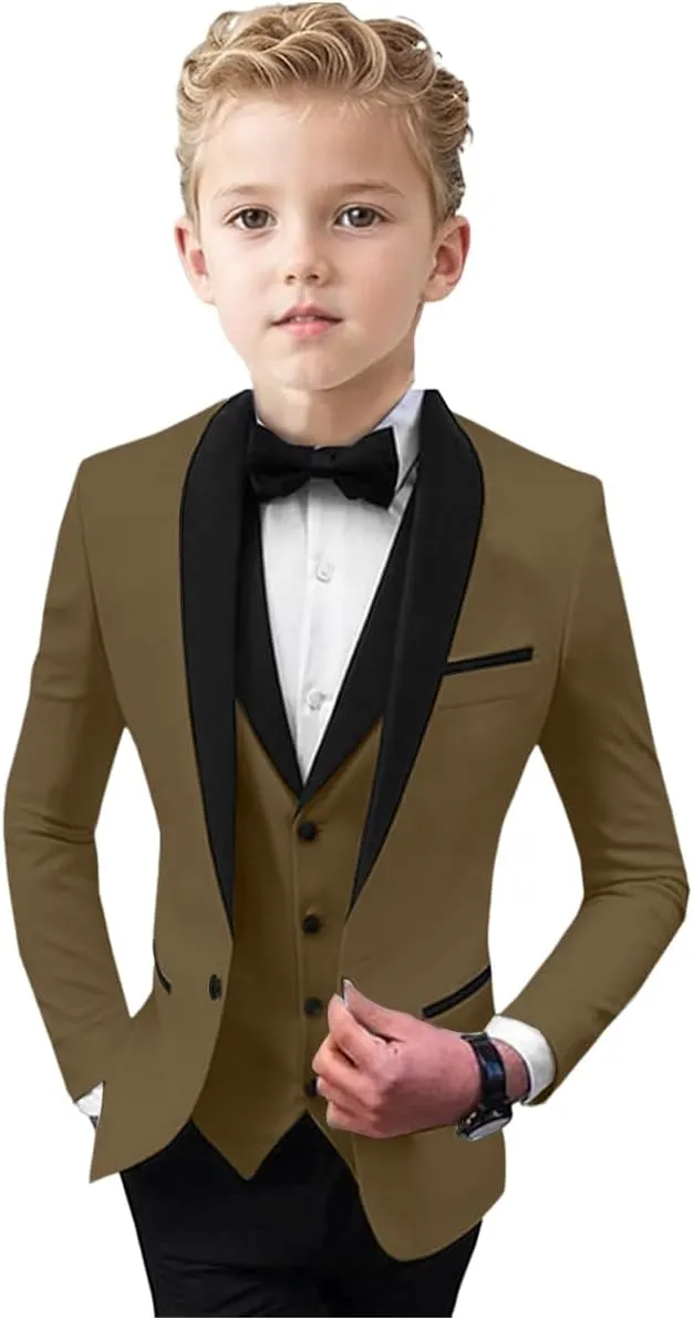 ProPoFol Boys Tuxedo 3 Piece Suit Set,Shawl Lapel Slim Fit Suit for Boys Wedding Outfit Blazer Vest Pants Set with Bow Tie