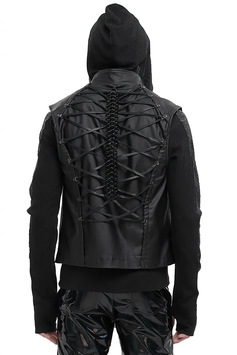 Punk Stylish Strappy Stand Collar Waistcoat / Gothic Men's Zipper Vest with Lace-up Back