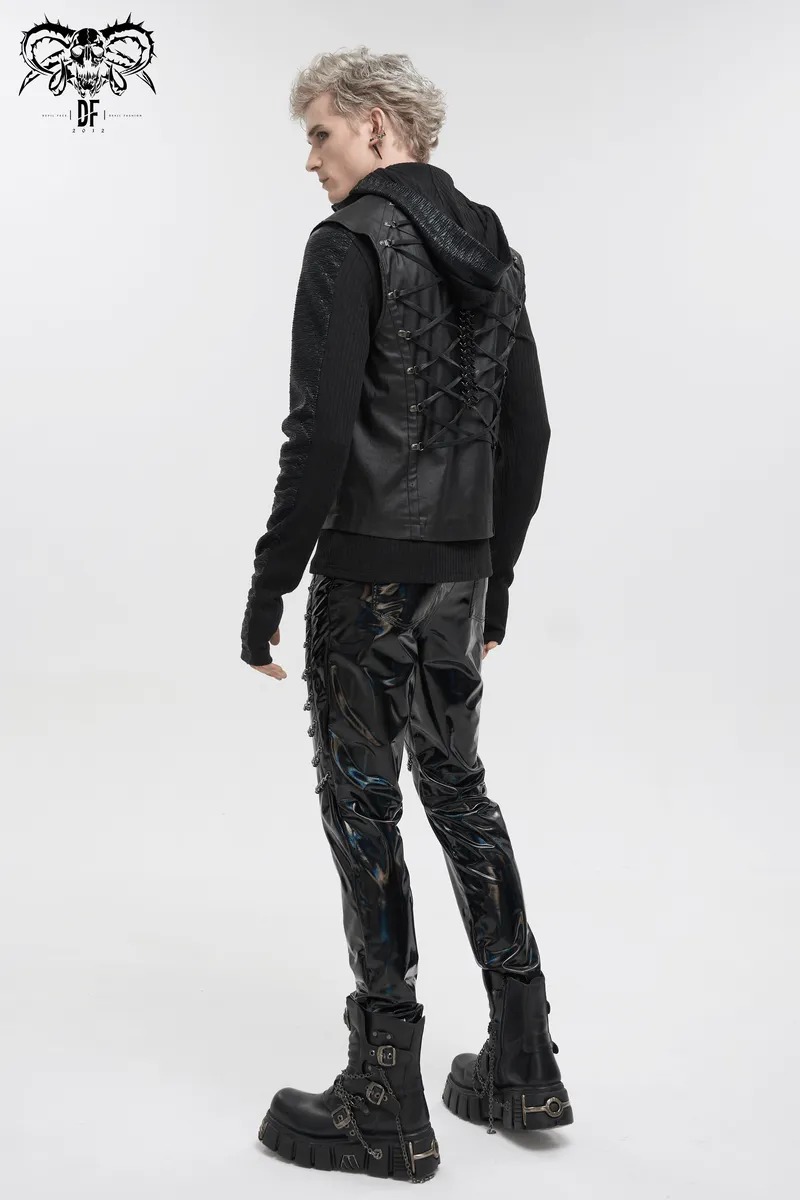 Punk Stylish Strappy Stand Collar Waistcoat / Gothic Men's Zipper Vest with Lace-up Back