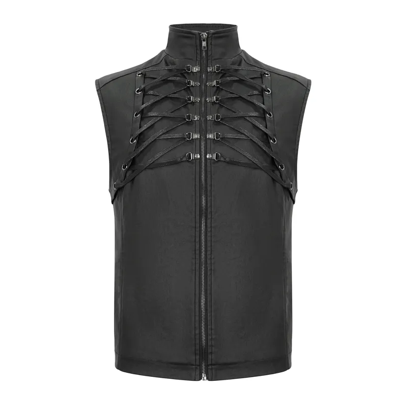Punk Stylish Strappy Stand Collar Waistcoat / Gothic Men's Zipper Vest with Lace-up Back
