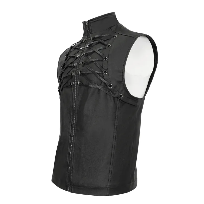 Punk Stylish Strappy Stand Collar Waistcoat / Gothic Men's Zipper Vest with Lace-up Back