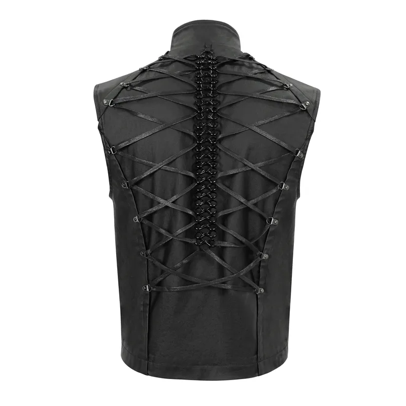 Punk Stylish Strappy Stand Collar Waistcoat / Gothic Men's Zipper Vest with Lace-up Back